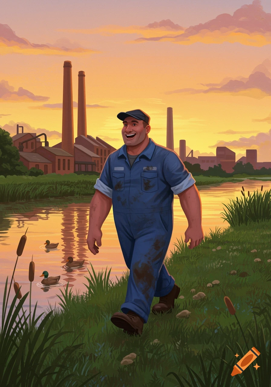An illustration of a factory worker walking along a river with ducks, with a factory in the background at sunset.