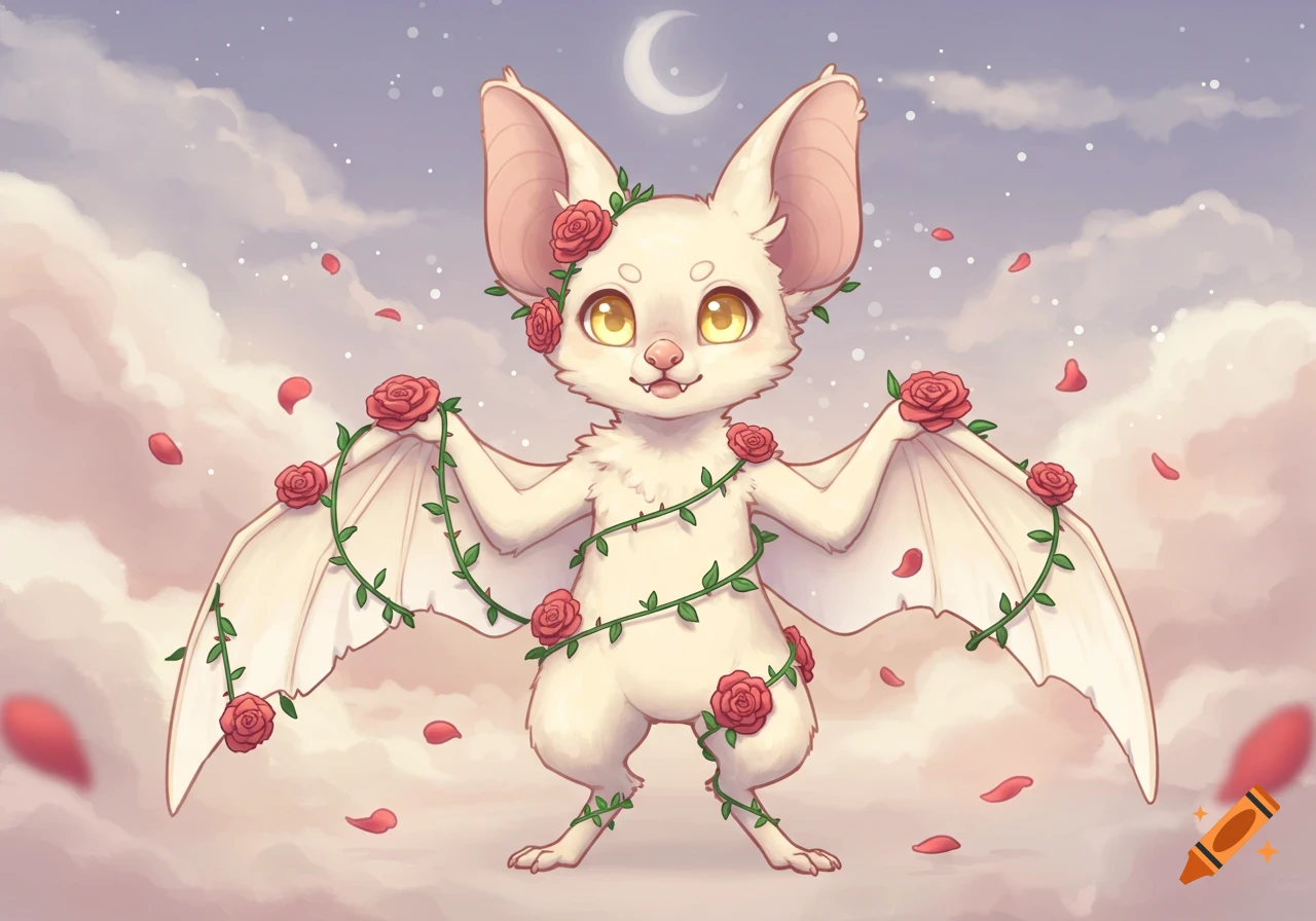 A cute white bat furry adorned with rose vines and yellow eyes stands among pink clouds and falling petals under a crescent moon.