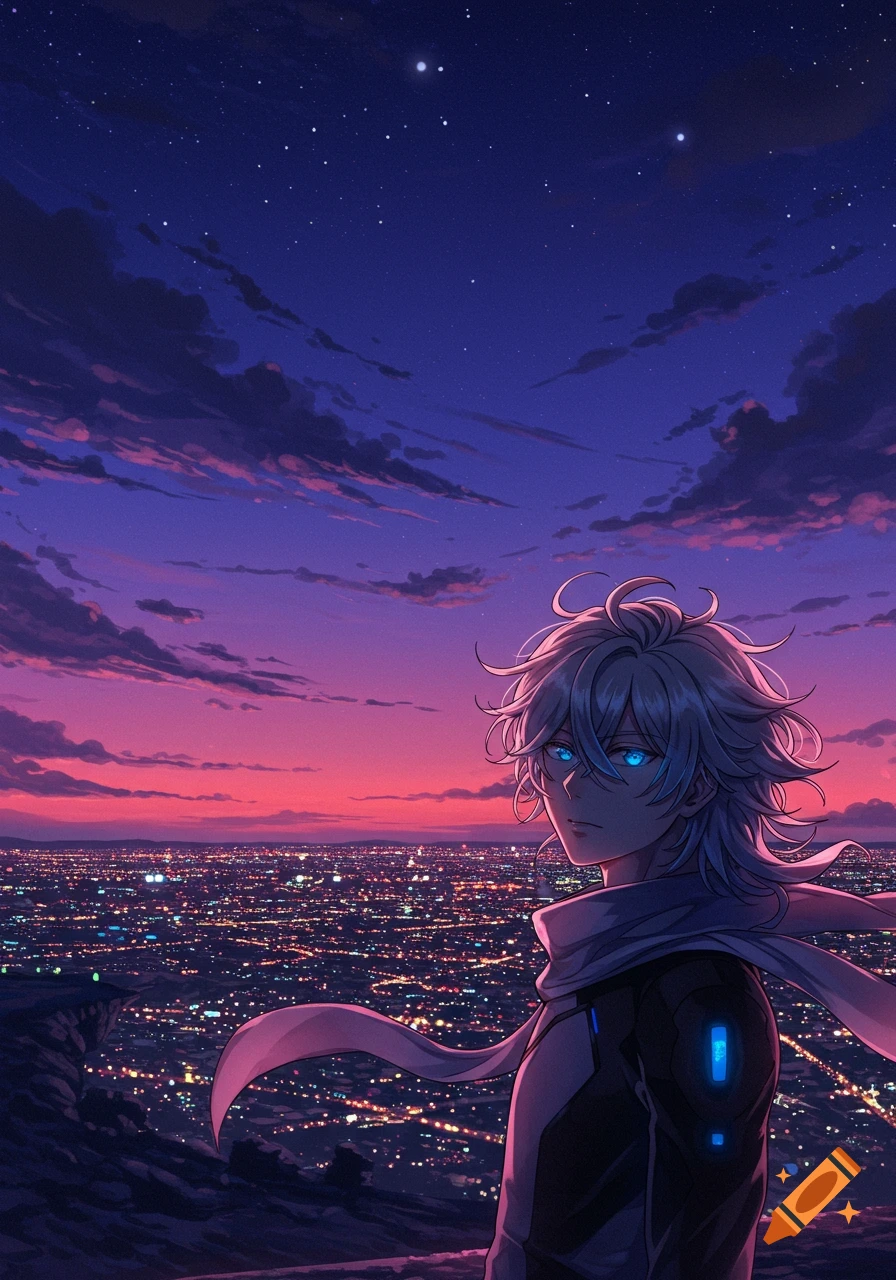 An anime guy with white, wavy hair and glowing blue eyes looks over a vast, illuminated city at twilight under a starry, purple and pink sky.