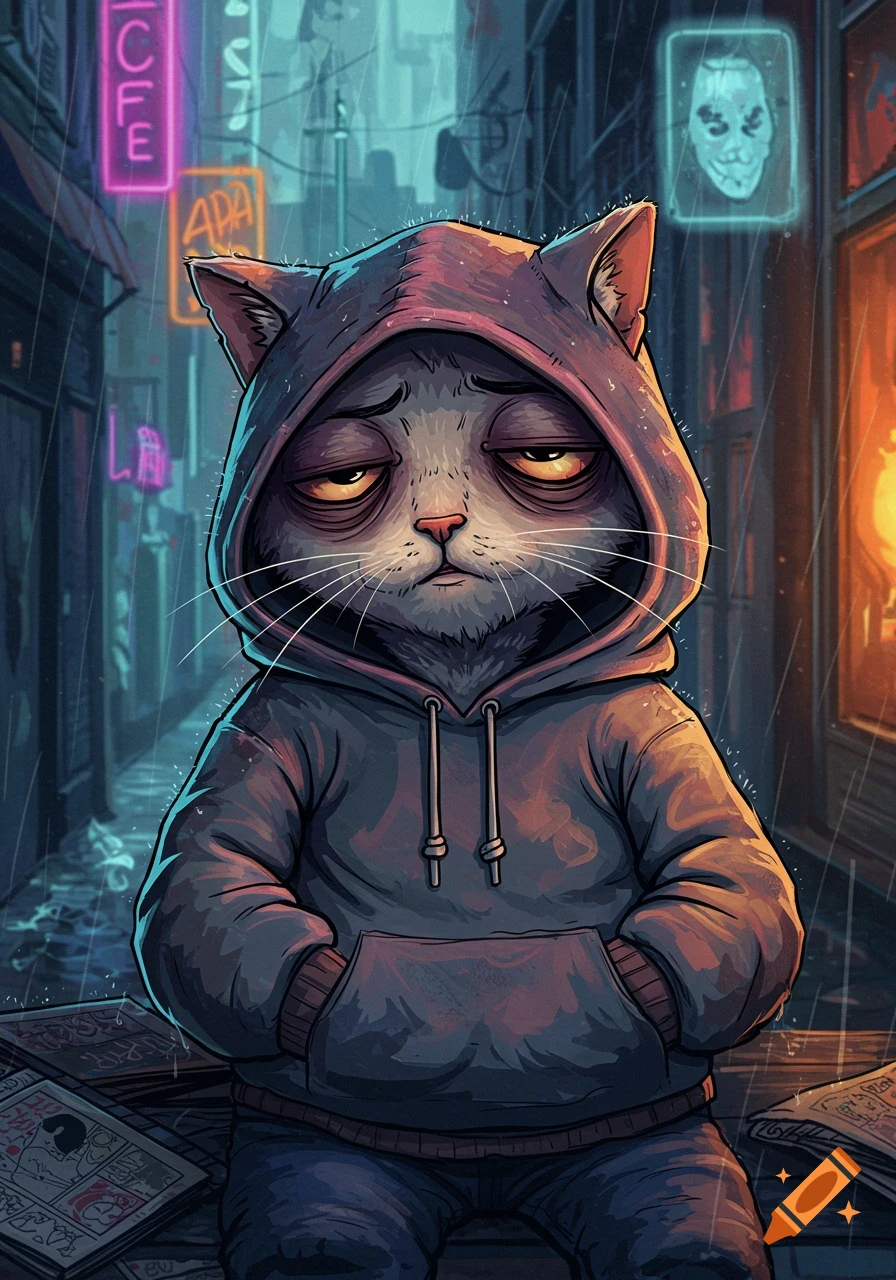 A sad-looking anthropomorphic gray cat in a dark hoodie sits on the ground in a rainy neon-lit alley at night, surrounded by discarded newspapers.