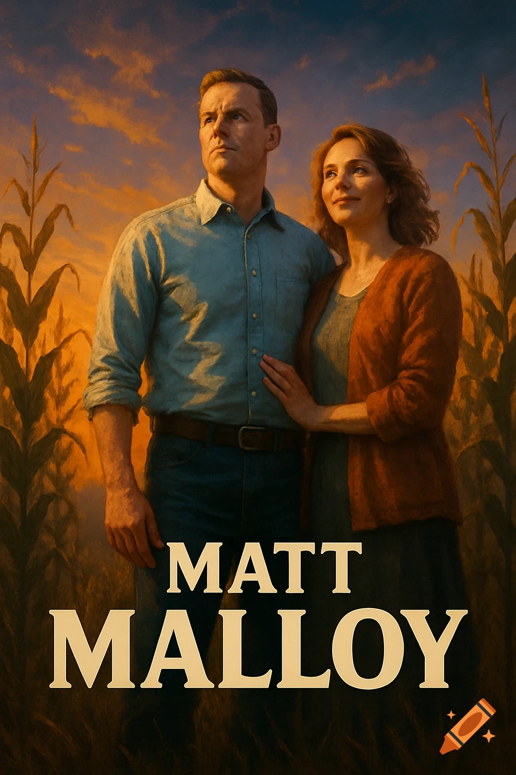 Painterly poster of a man and woman standing in a cornfield at sunset, with 'MATT MALLOY' text.