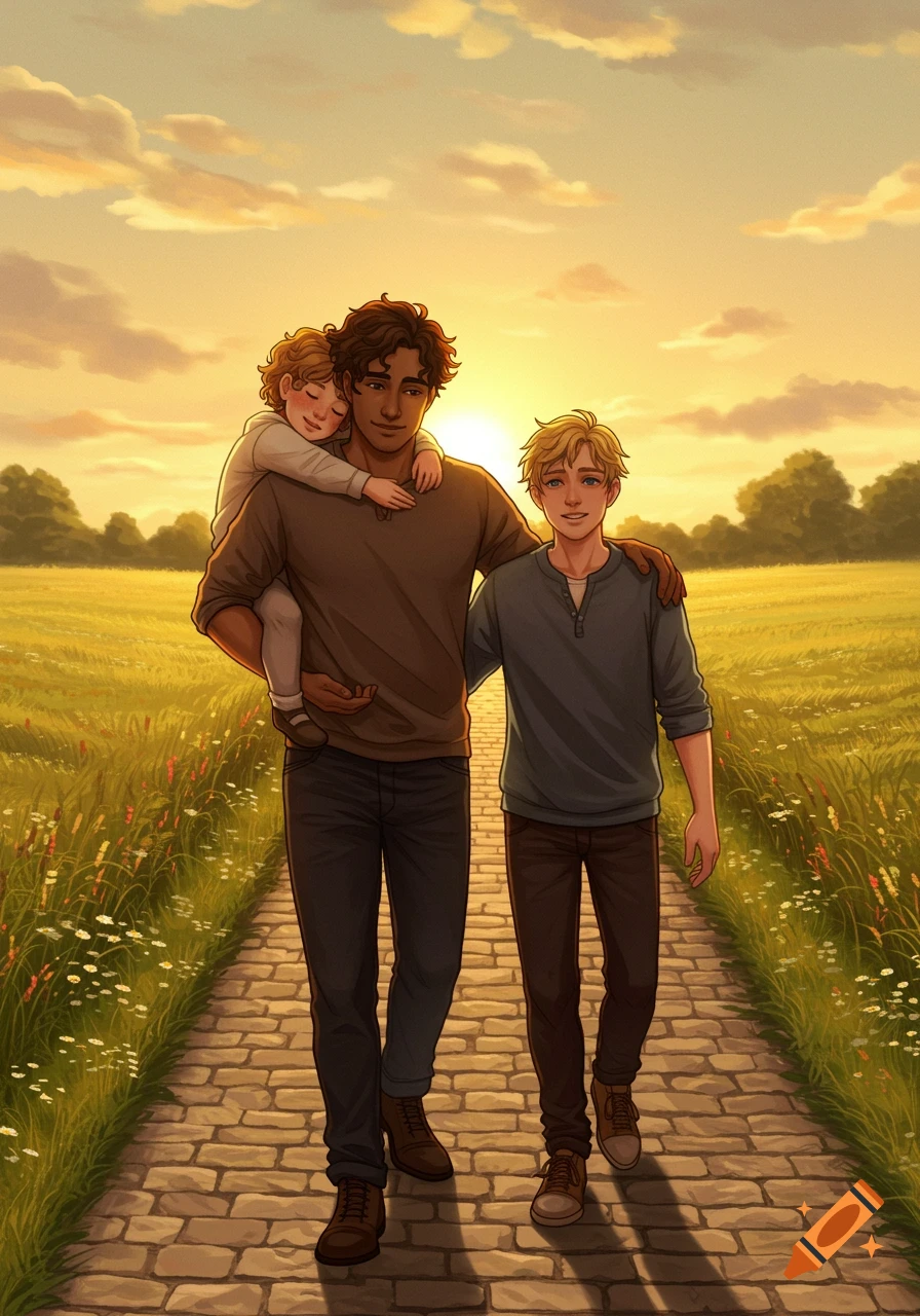 An illustration of two men and a child walking on a stone path through a field at sunset. One man carries a sleeping child on his back.