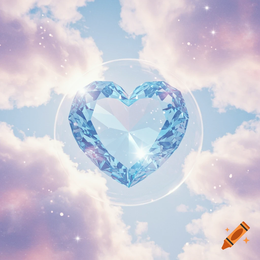A sparkling sky blue crystal heart floats inside a transparent bubble, set against a soft pastel sky with clouds and faint twinkling lights.