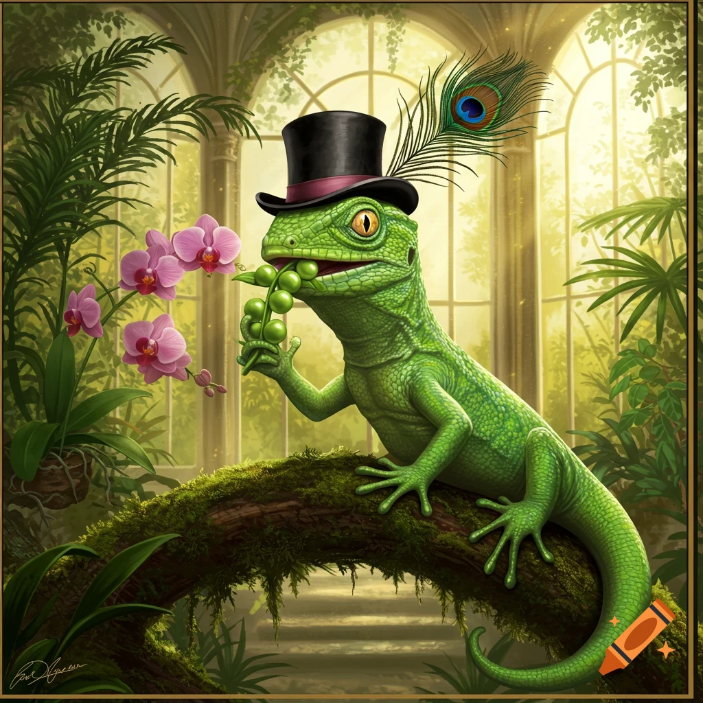 A green lizard wearing a top hat with a peacock feather sits on a mossy branch, eating peas in a conservatory with pink orchids.