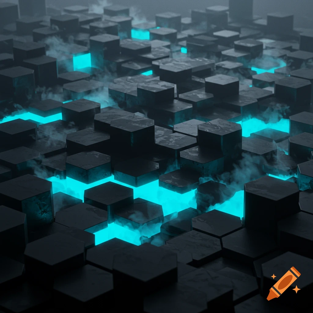 Dark hexagonal blocks at varying heights with bright blue light and smoke emanating from the gaps.
