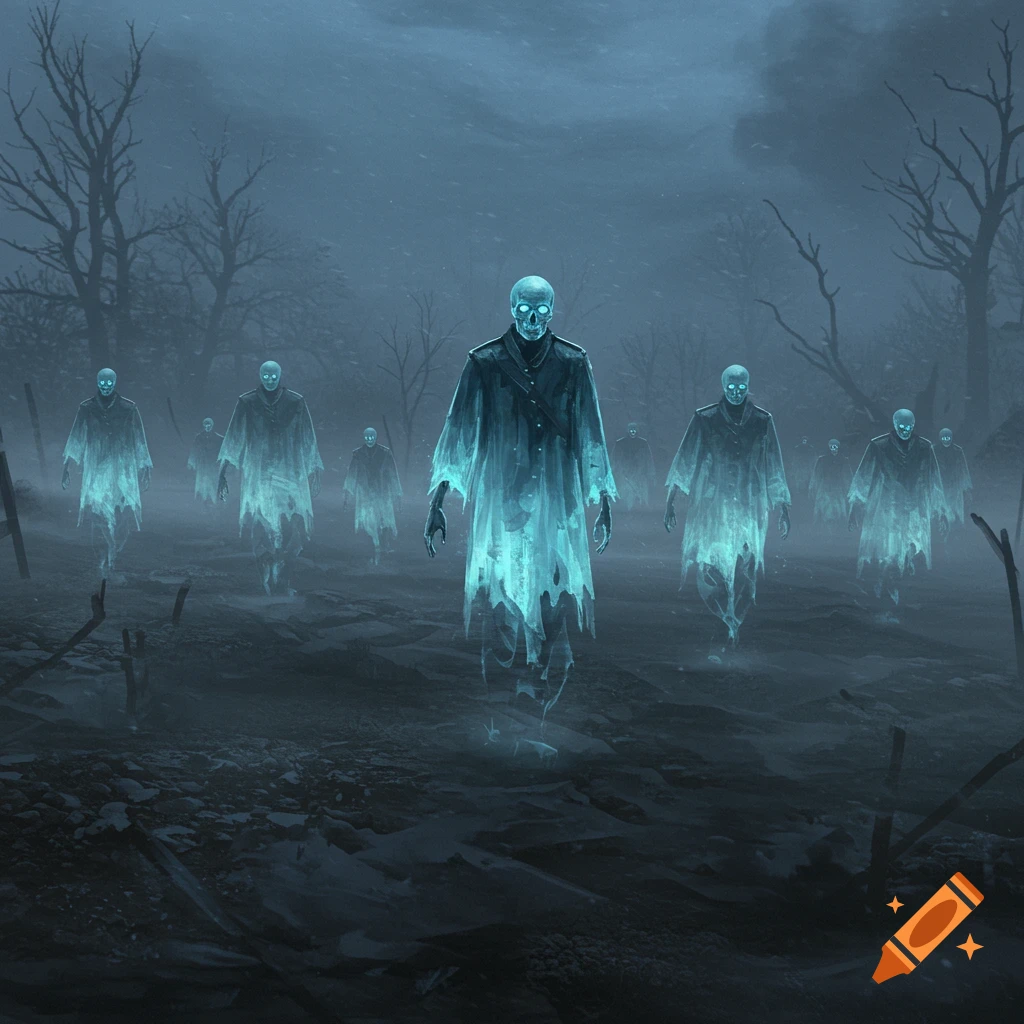 A group of glowing, translucent ghost soldiers in a misty, barren landscape with skeletal trees under a dark sky.