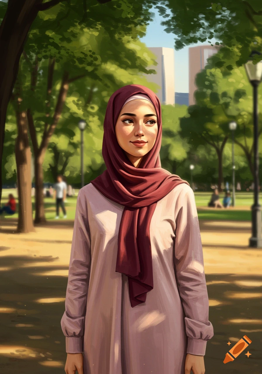A young woman wearing a pink dress and a red hijab stands in a sunny park with trees and buildings in the background, digital art style.
