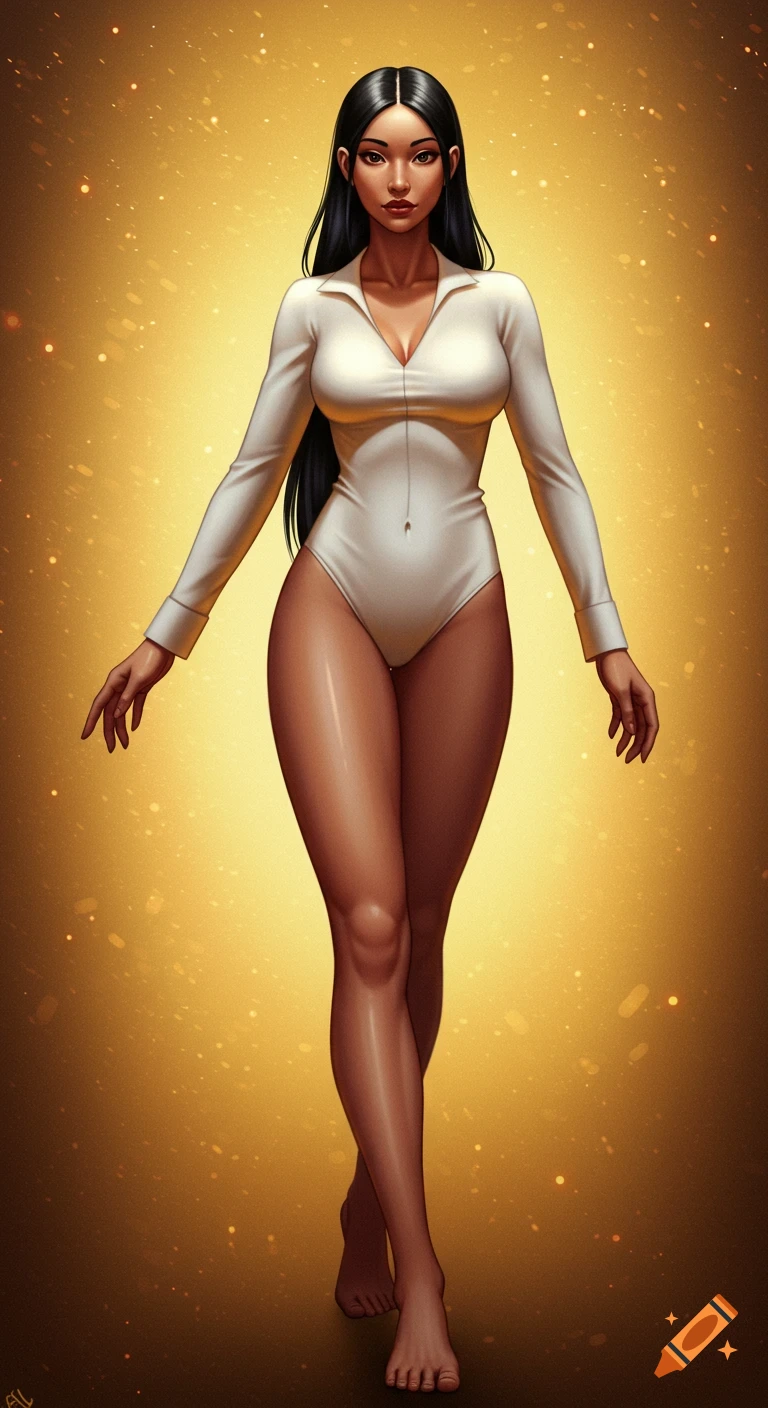 An elegant, tall woman with long black hair, wearing a white long-sleeved bodysuit, stands confidently against a glowing golden background with sparkles. Digital art style.