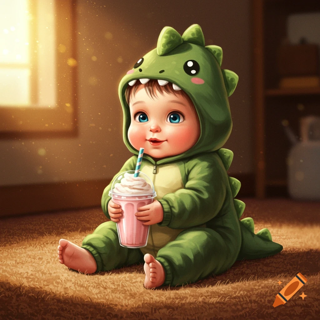 A cute baby in a green dinosaur costume sits on a brown carpet, holding a pink milkshake with whipped cream and a straw.