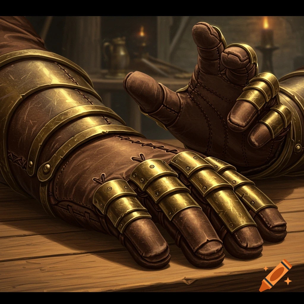 A pair of oversized brown leather fantasy gloves reinforced with brass plates and intricate stitching resting on a rustic wooden table in a high-fantasy style illustration.