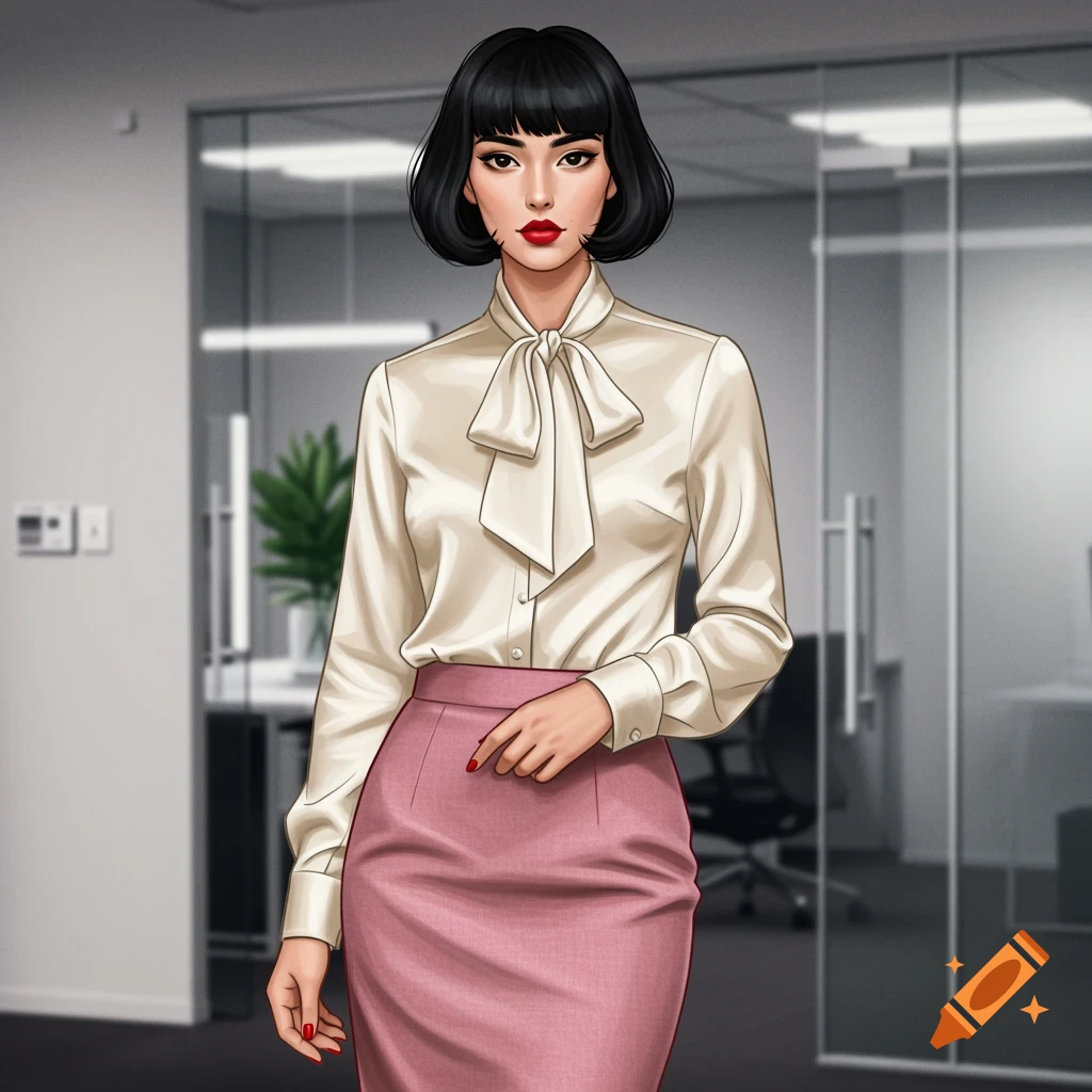 An illustrated woman with a black bob and red lipstick wears a cream pussybow blouse and pink pencil skirt in an office.