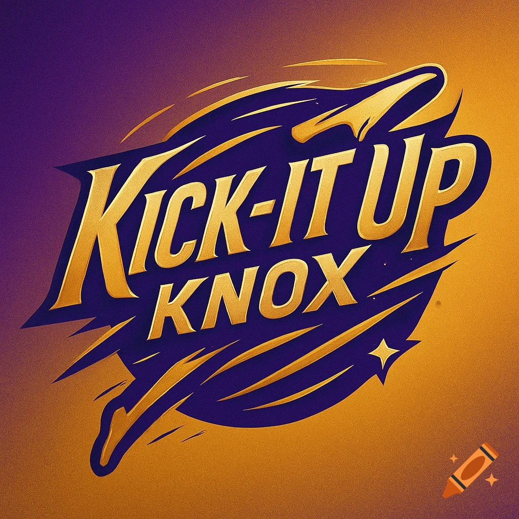 Gold text 'KICK-IT UP KNOX' logo on a purple and orange gradient background with dynamic swooshes and a star graphic.