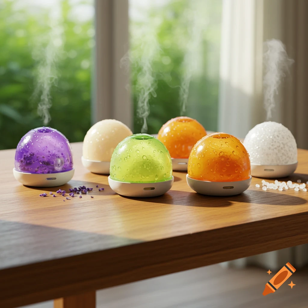 Photorealistic image of colorful spherical scent pods emitting vapor on a wooden table.