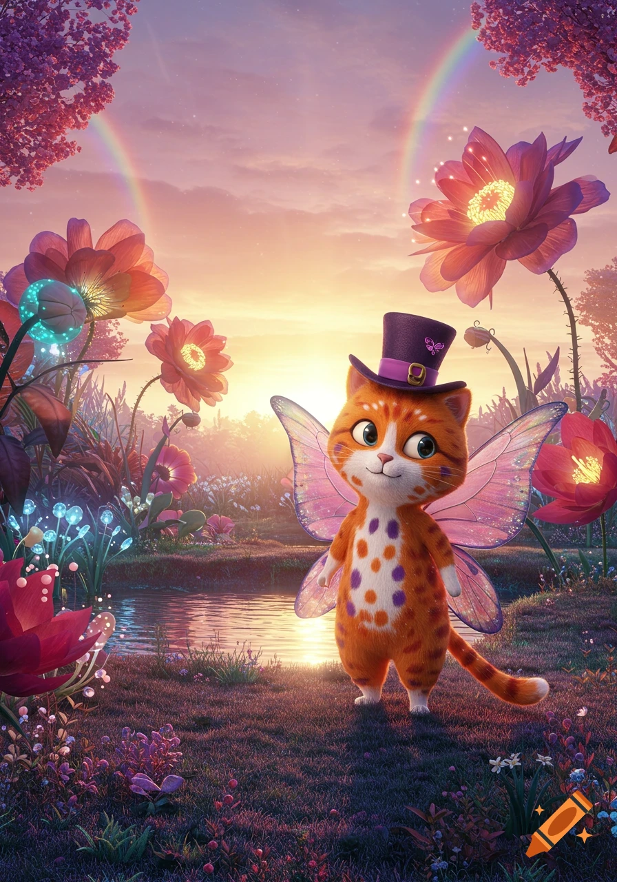 A whimsical orange cat with purple spots, fairy wings, and a purple top hat stands in a glowing fantasy garden with rainbows.