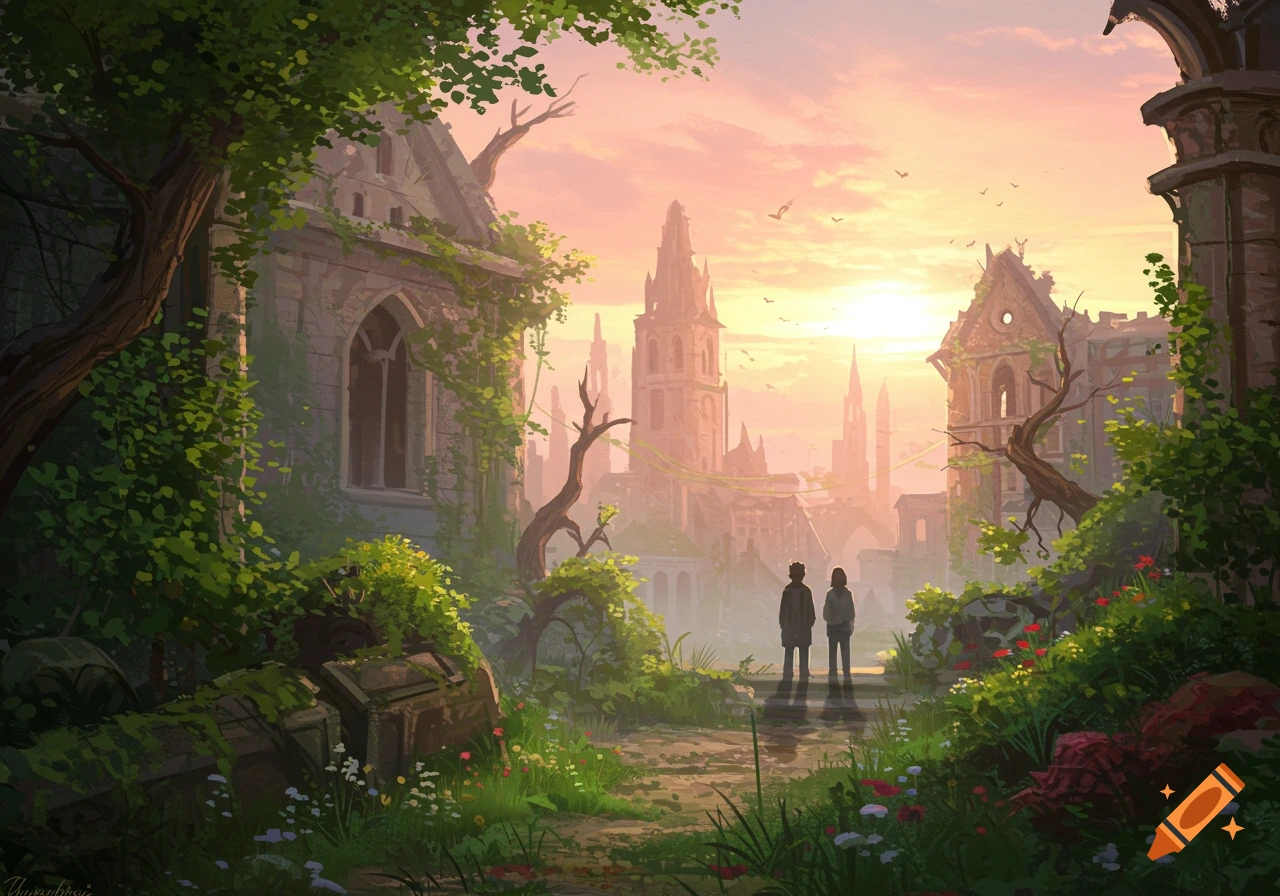 Two figures stand on a path looking at ancient, overgrown stone ruins of a European city under a hazy, golden sunset.