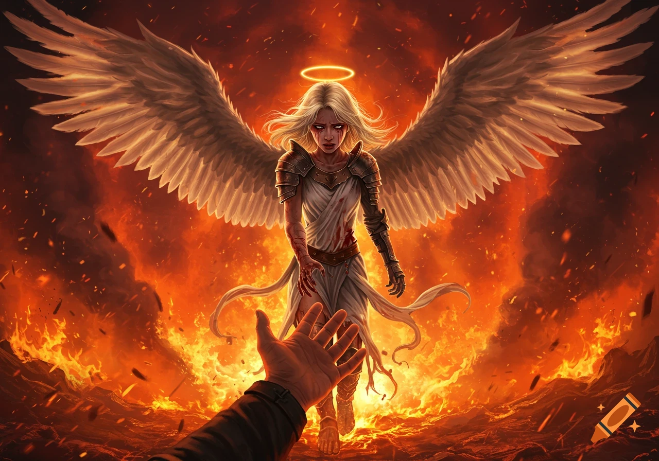 A battle-worn female angel with large wings and a halo, standing in a fiery, hellish landscape, reaches out to an outstretched hand from the viewer's perspective.