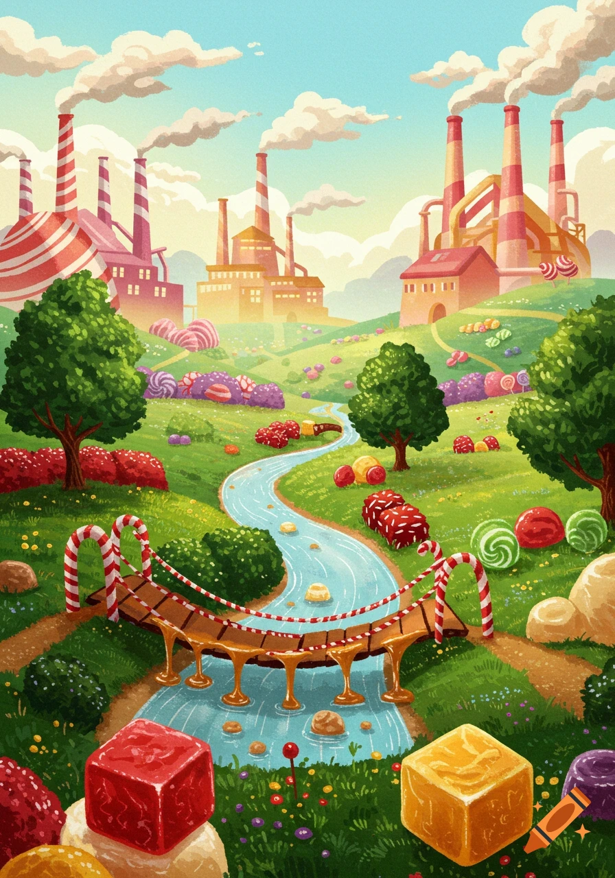 Whimsical illustration of a colorful candy land with factories, a caramel river, and square candies.