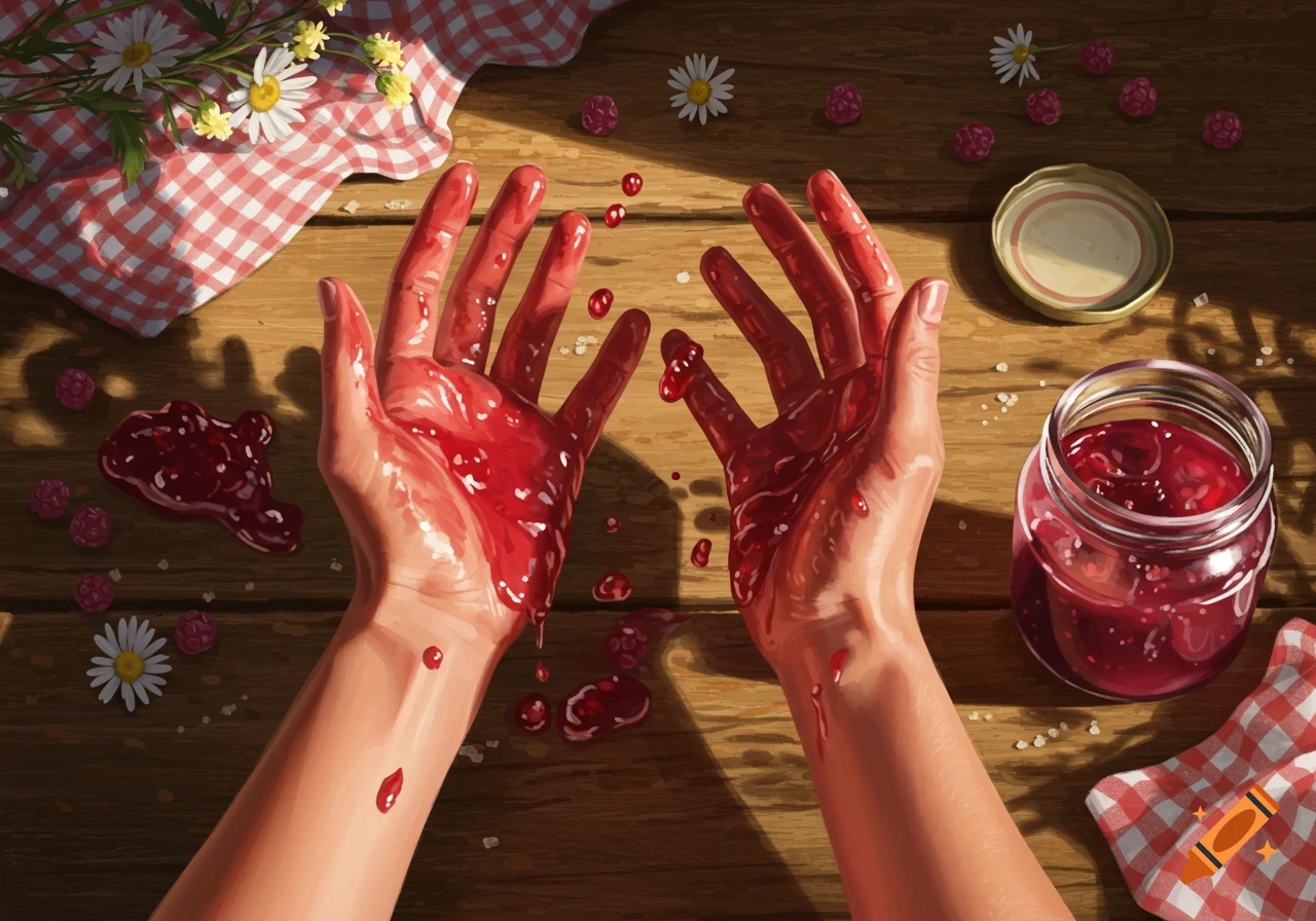 Hands covered in red raspberry jam, next to a jar of jam and a checkered cloth on a wooden table with raspberries and daisies.