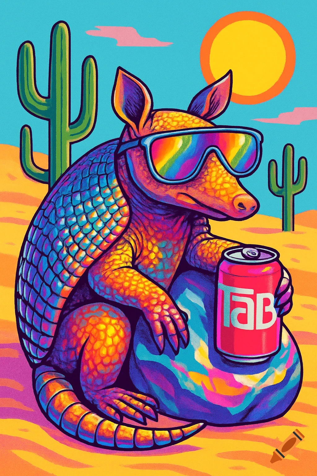A bold, colorful armadillo wearing rainbow sunglasses holds a red Tab soda can in a vibrant desert scene with cacti.
