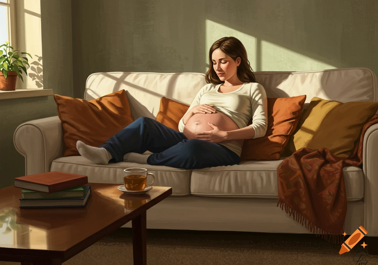 A pregnant woman relaxes on a white couch, holding her belly, bathed in sunlight from a window. Painted style.