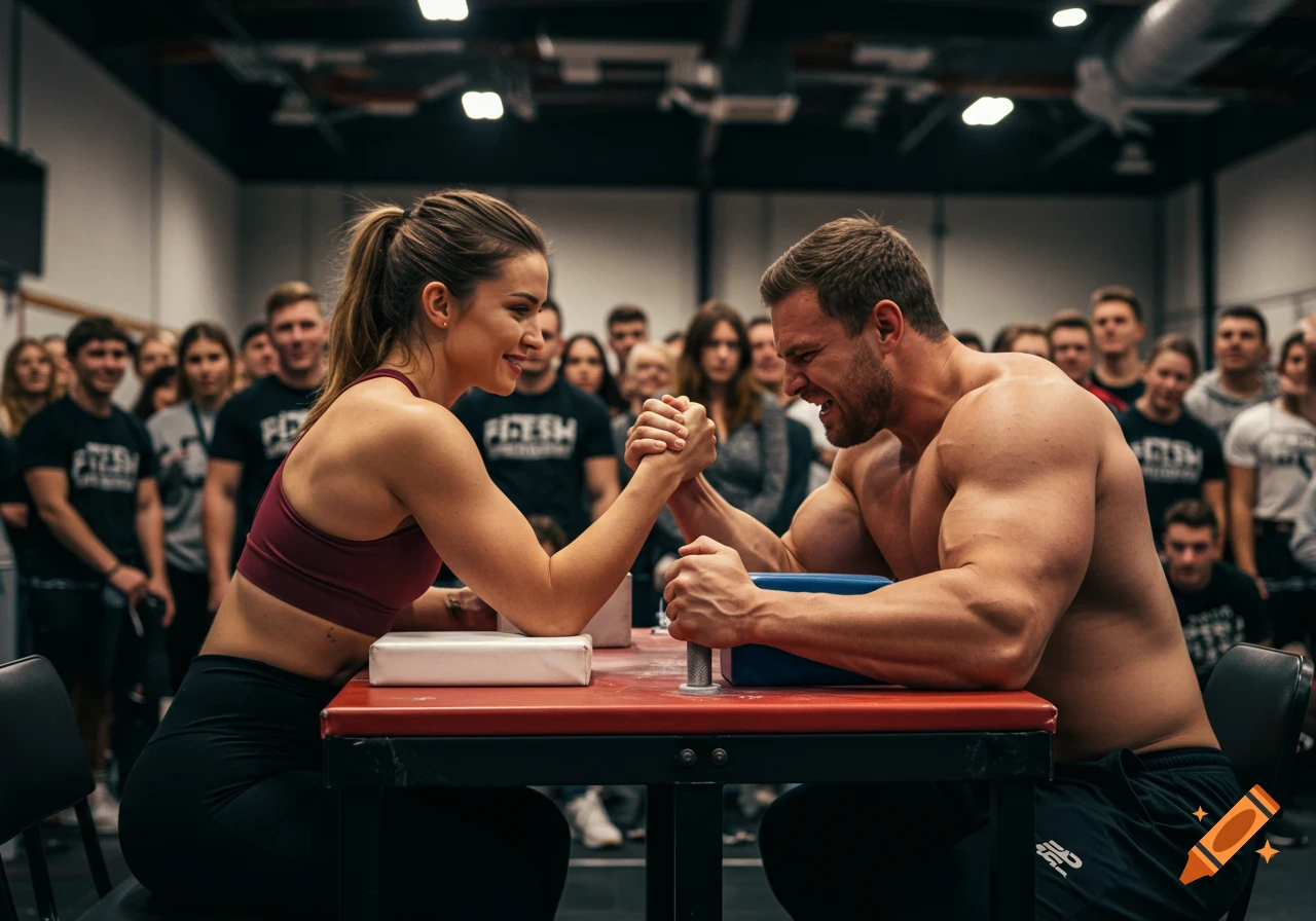 Photorealistic image of a muscular man and woman intensely arm wrestling at a table, surrounded by a crowd in a gym.
