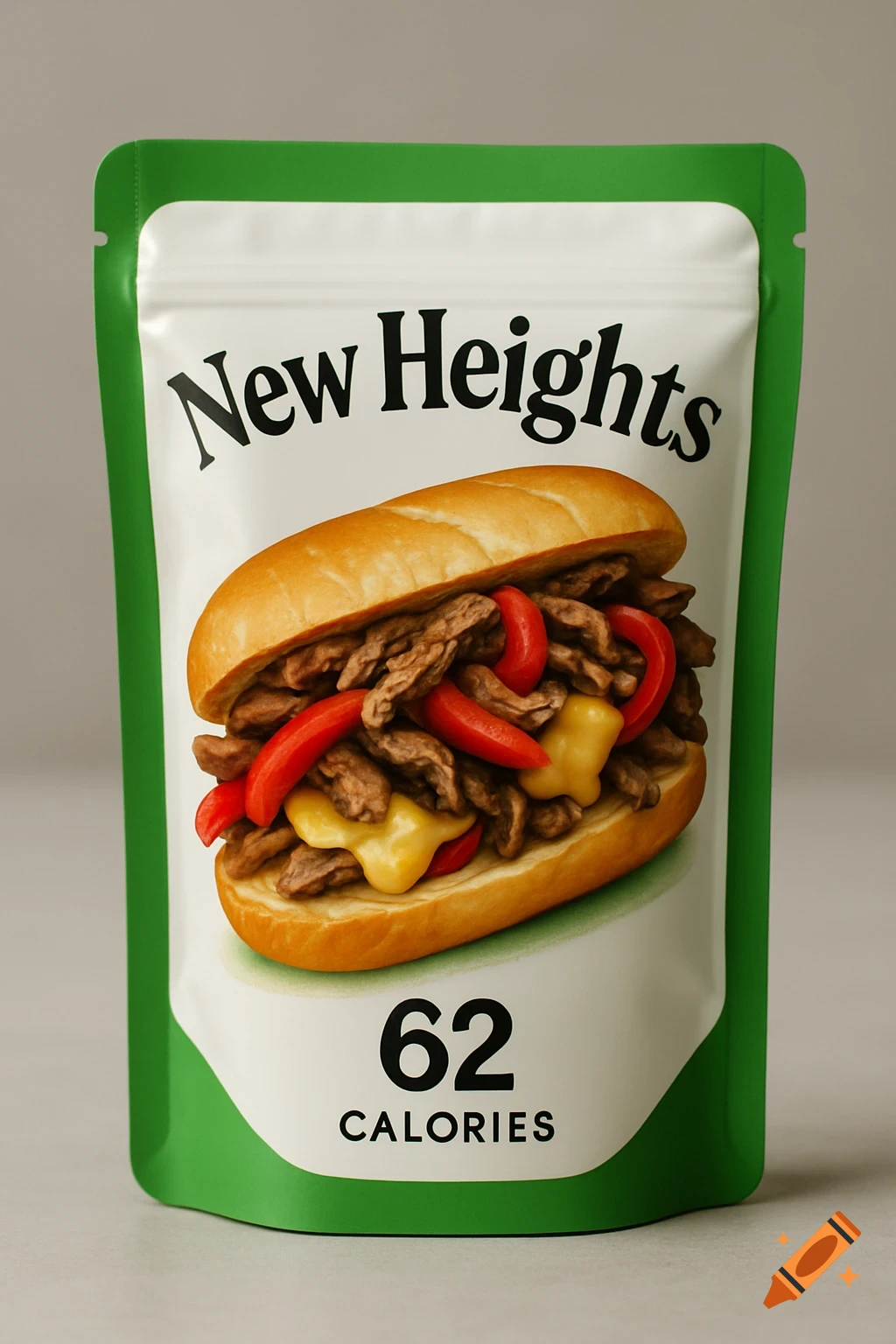 Photorealistic image of a green and white food pouch featuring a Philly cheesesteak and the text 'New Heights 62 CALORIES'.