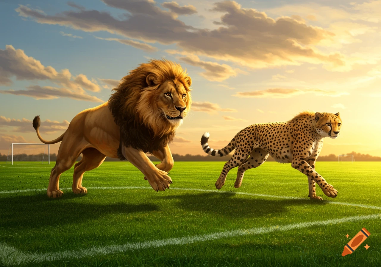 A lion and a cheetah race across a bright green soccer field under a beautiful sunset sky with goalposts in the background.