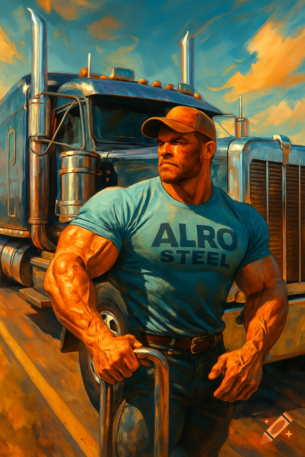 A muscular man in an 'ALRO STEEL' t-shirt and cap stands in front of a large semi-truck, painted in a vibrant, realistic style.