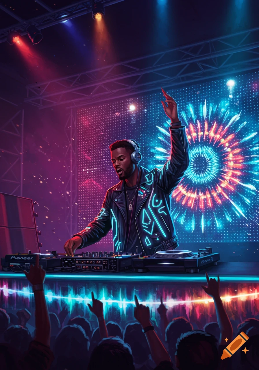 A black DJ performs on stage at a concert, illuminated by vibrant neon lights, in front of a cheering crowd.