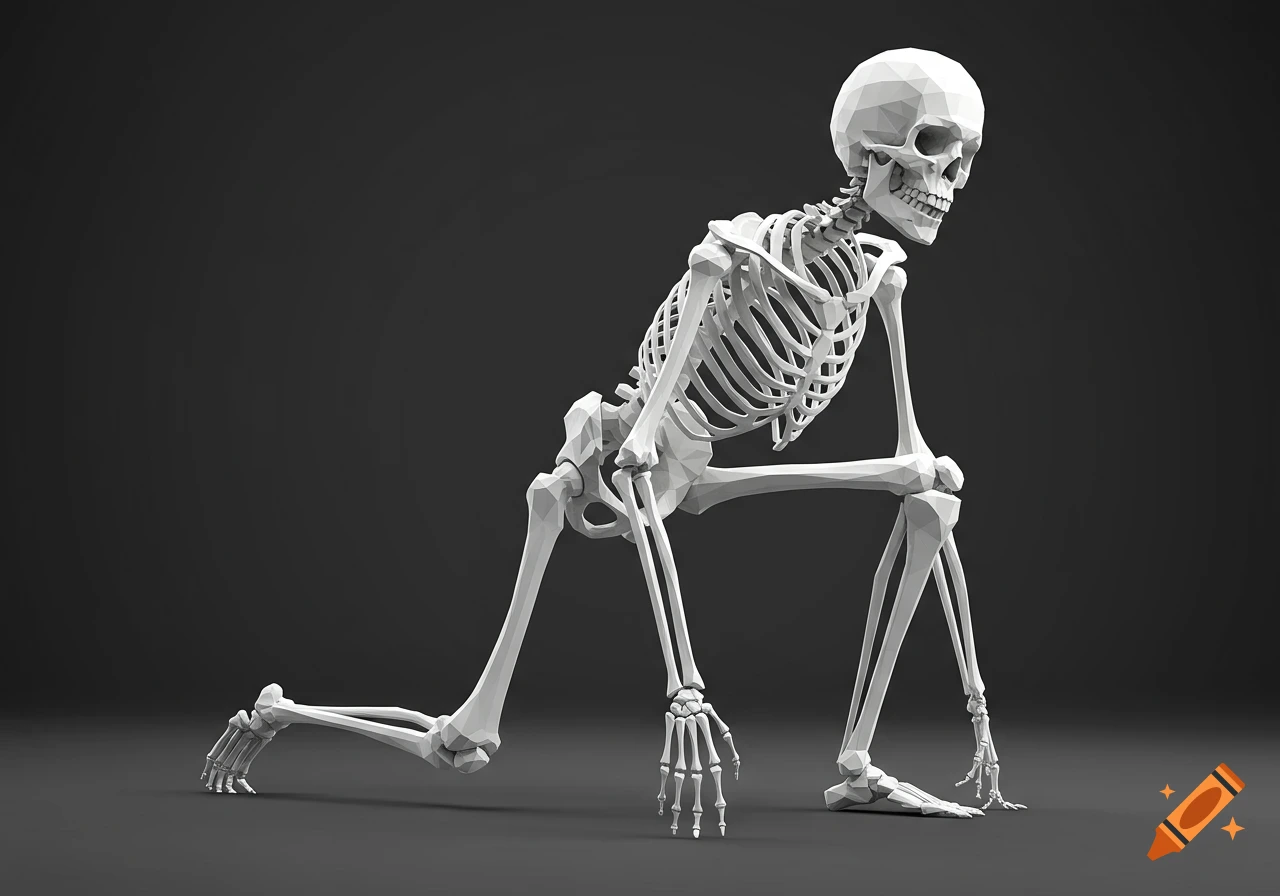 A low-poly skeleton in a crawling pose on a dark background.