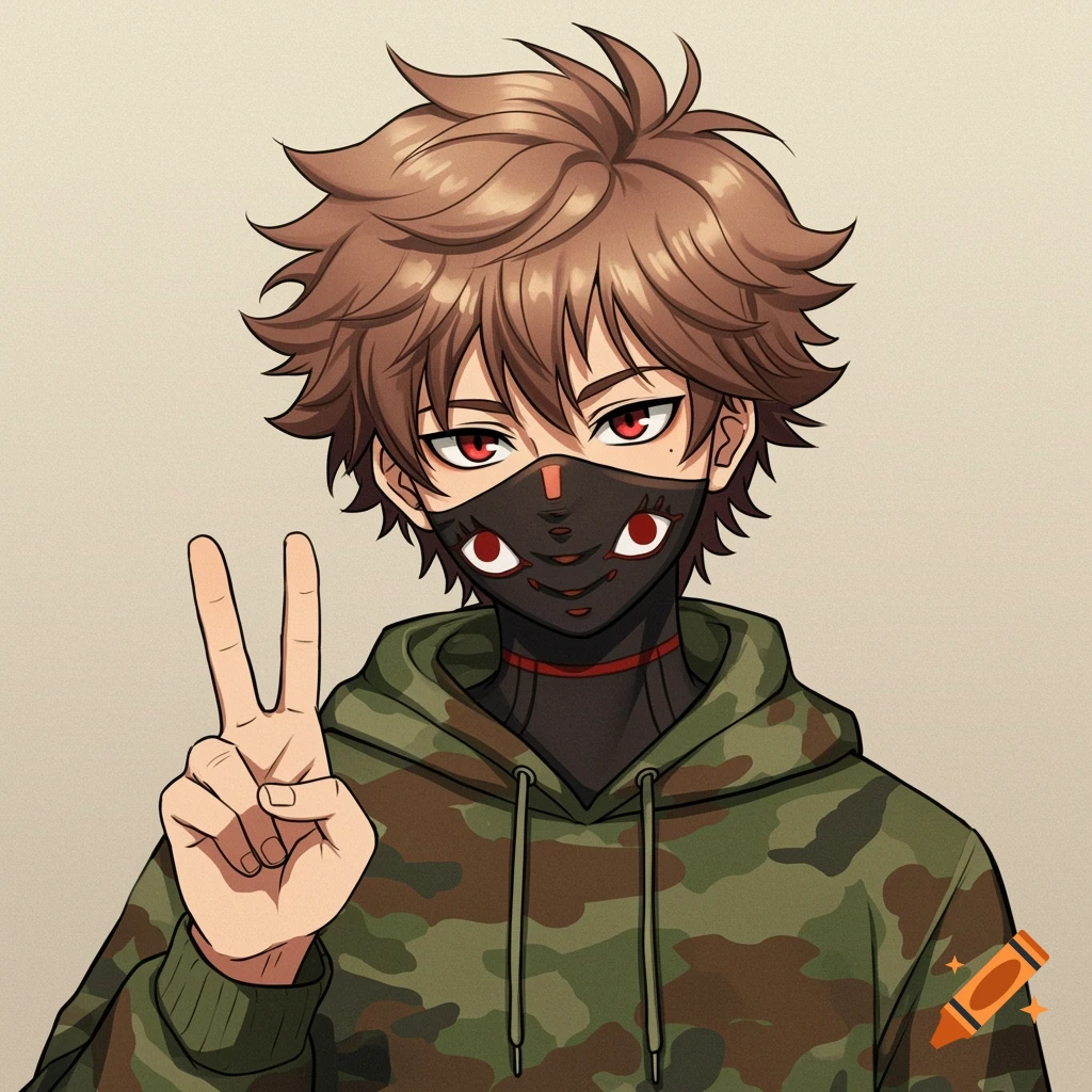 Anime character with brown spiky hair, red eyes, and a black mask with red accents, wearing a camo hoodie and making a peace sign.