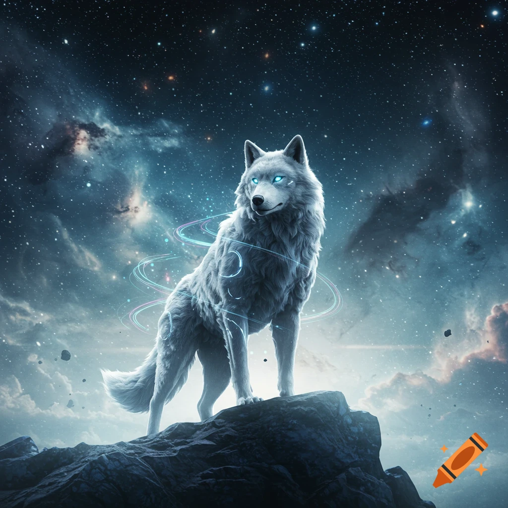A majestic white wolf with glowing blue eyes stands on a rocky peak against a vibrant starry night sky with nebulae.