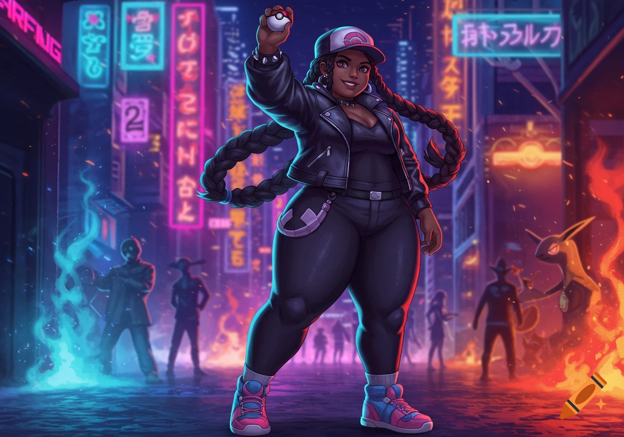 A dark-skinned female Pok R mon trainer in a black leather jacket poses confidently, holding a Pok R Ball in a neon-lit cyberpunk city.