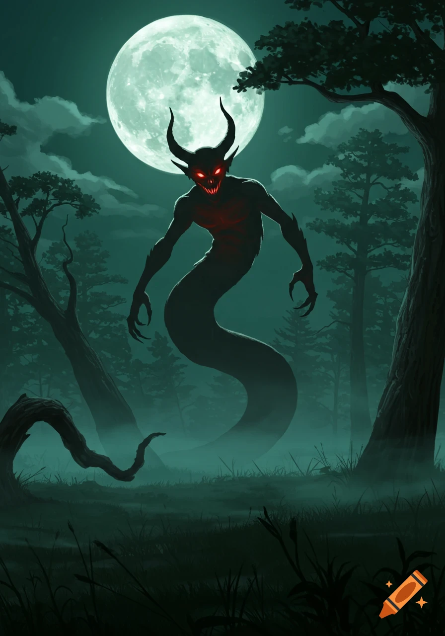 A red-eyed, horned, serpent-like monster stands in a dark, misty forest under a bright full moon, in a digital art style.