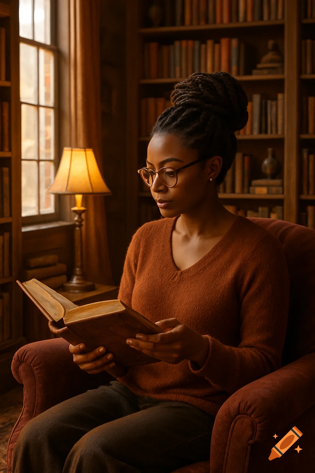 Woman with braided hair and glasses reading a book in a cozy library.
