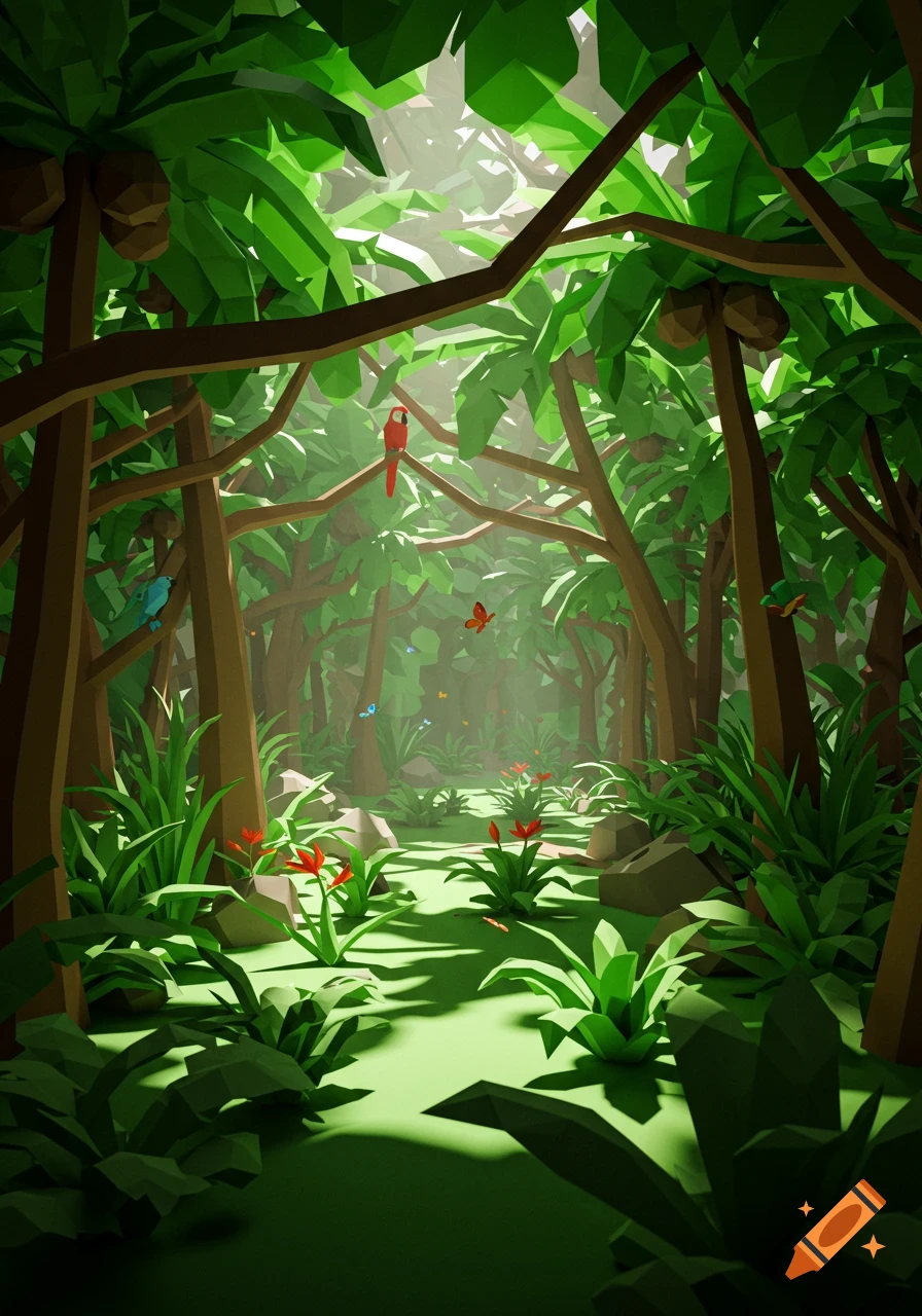 A vibrant low-poly 3D jungle path illuminated by sun rays, with green foliage, red flowers, and colorful birds and butterflies.