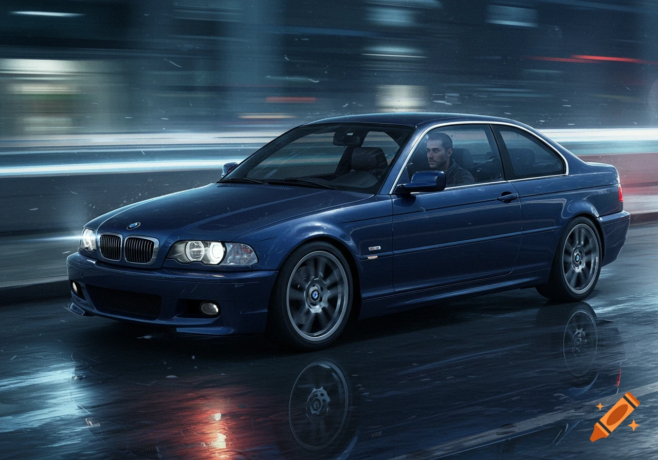 A blue BMW E46 coupe drives on a wet road at night with motion blur.