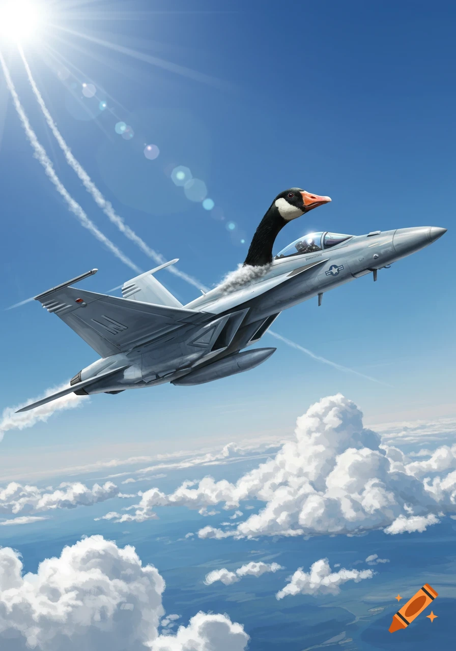An F-18 fighter jet with a large goose head instead of a cockpit flies through a clear blue sky above white clouds.