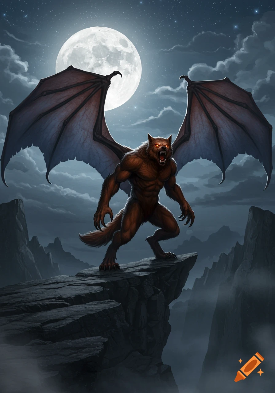 A winged werewolf standing on a rocky peak under a large full moon at night, snarling with glowing red eyes.