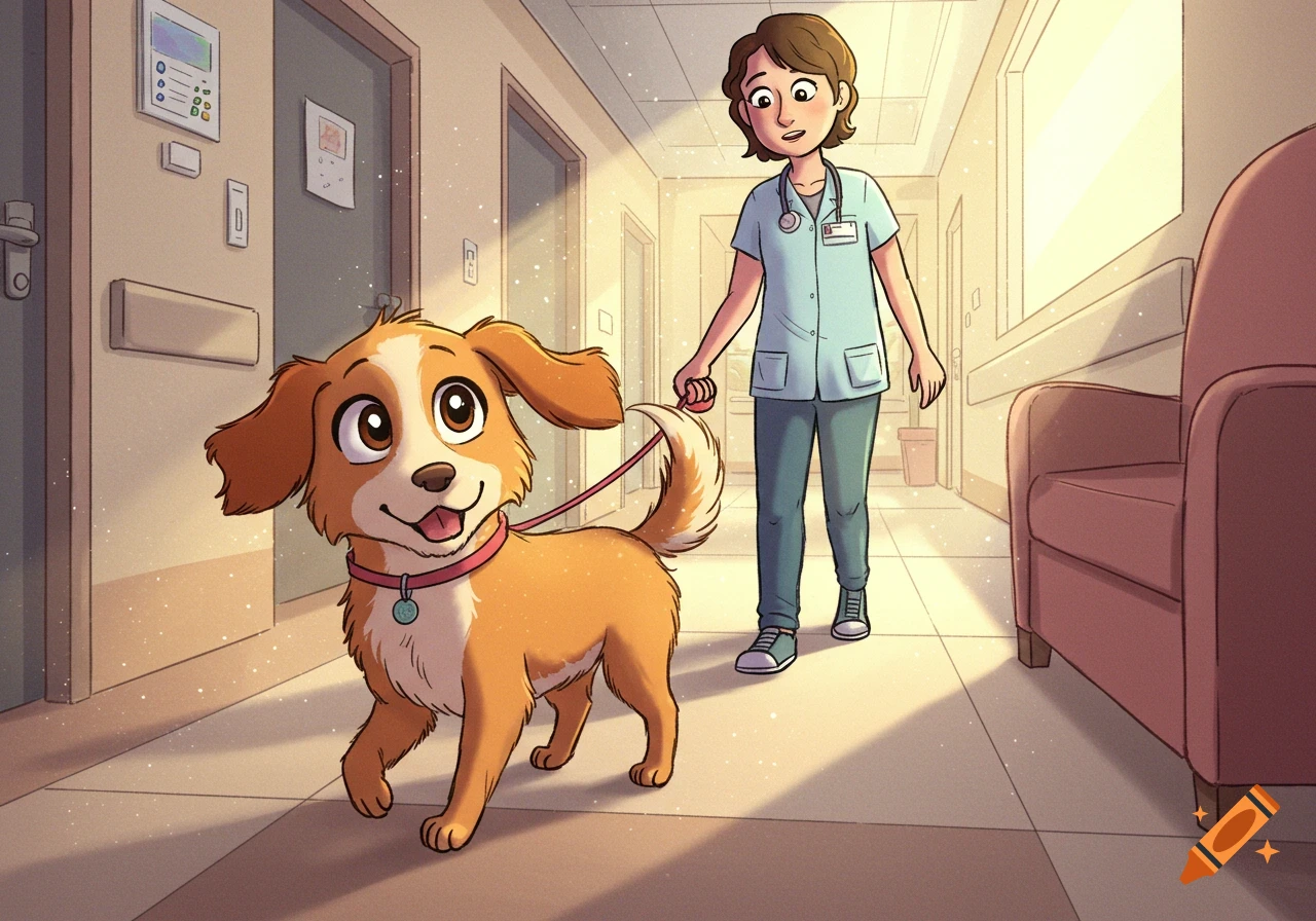 A happy cartoon dog on a leash walks down a bright hospital hallway with a vet technician.