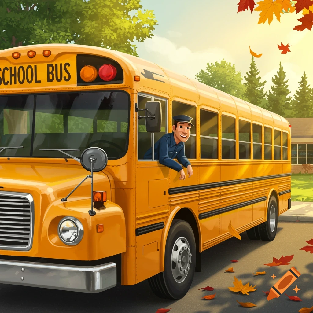 A cartoon school bus with a happy bus driver leaning out the window, surrounded by autumn leaves.