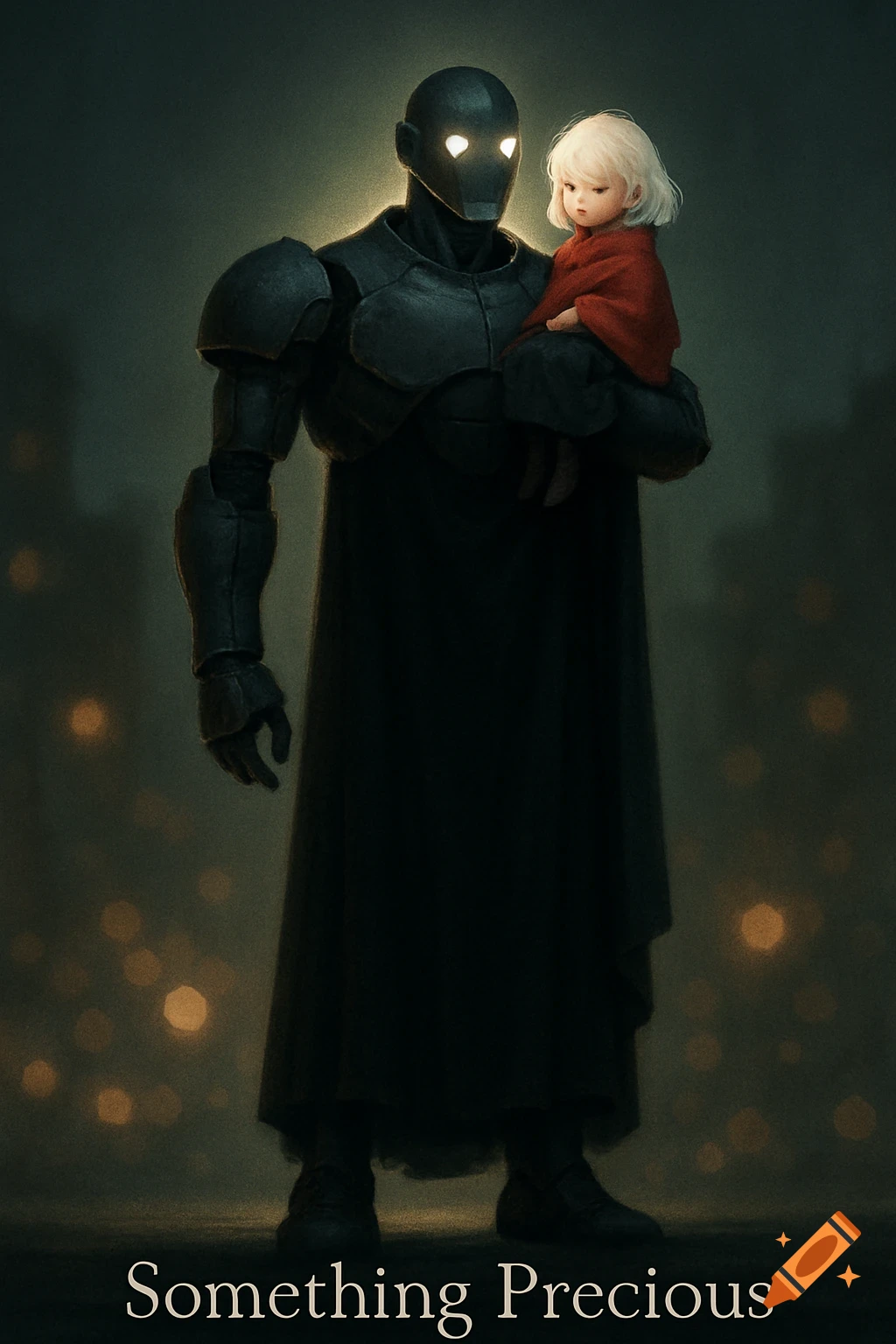 A tall, dark humanoid robot with glowing eyes holds a small, white-haired child in a red shawl in a dark, atmospheric setting. Text 'Something Precious' at bottom.