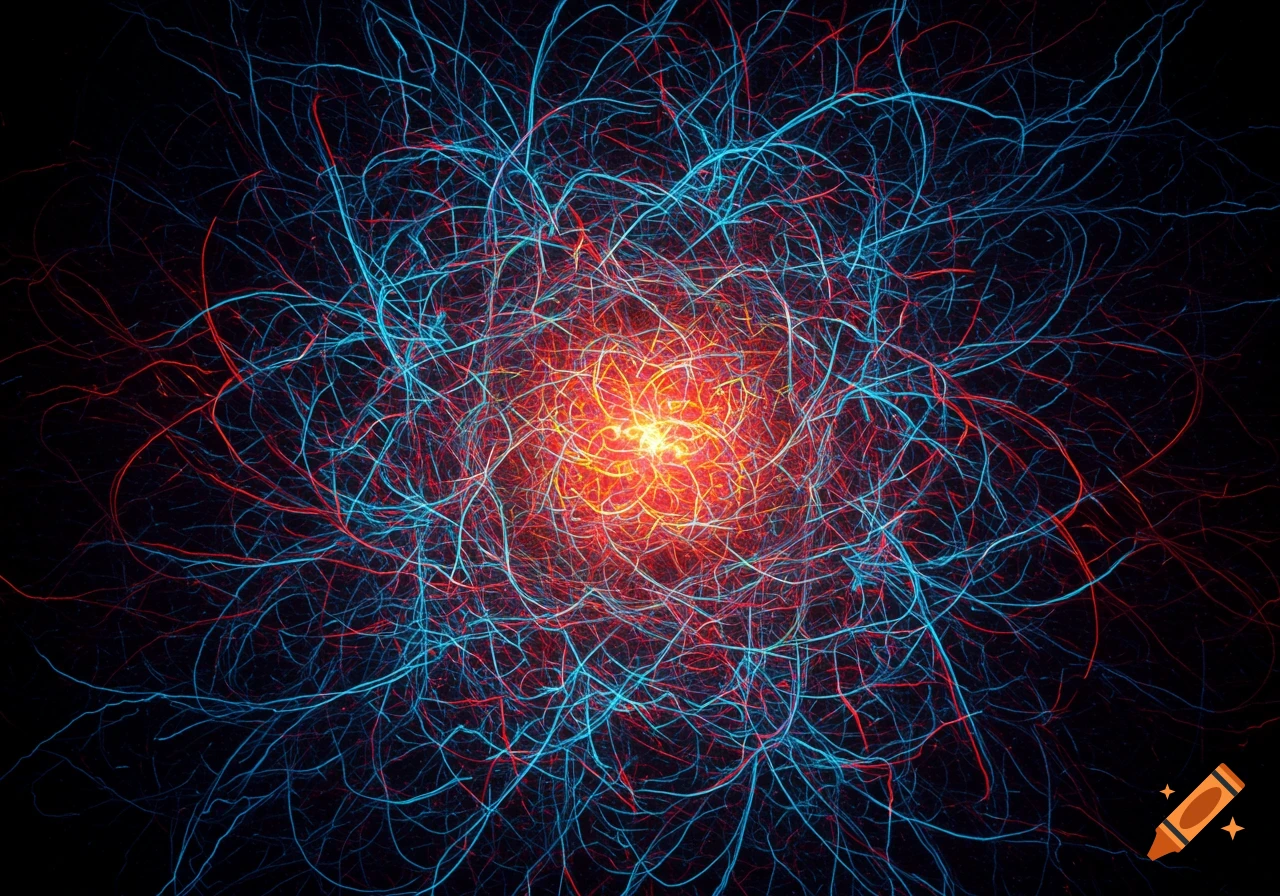 Abstract image of glowing red and blue lines radiating from a bright orange center on a black background.