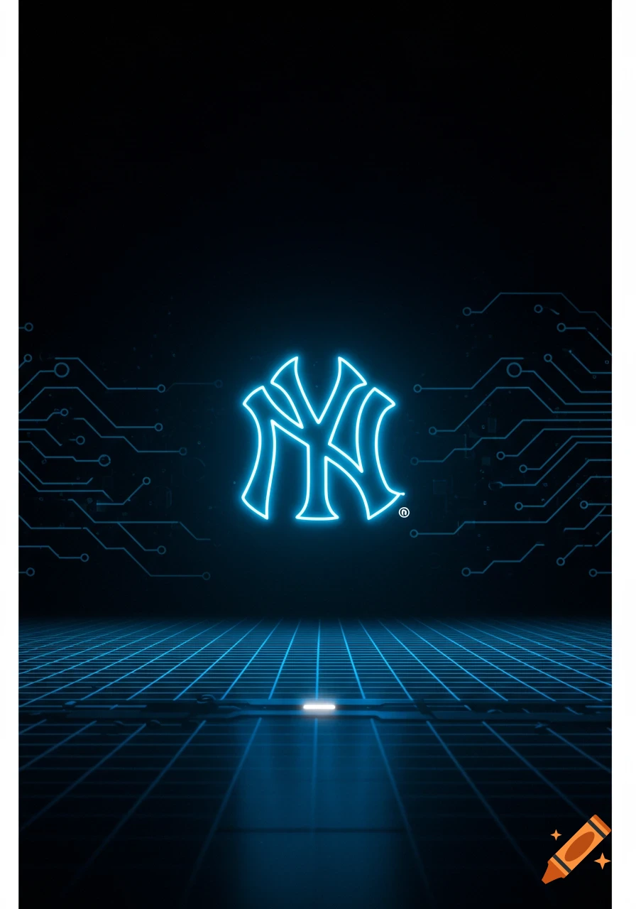 A neon blue New York Yankees "NY" logo glows in the center of a dark, futuristic digital scene with circuit board lines and a grid floor.
