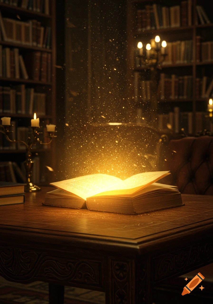 An open book on a wooden table in a dimly lit library emits a bright golden light and sparkling particles.