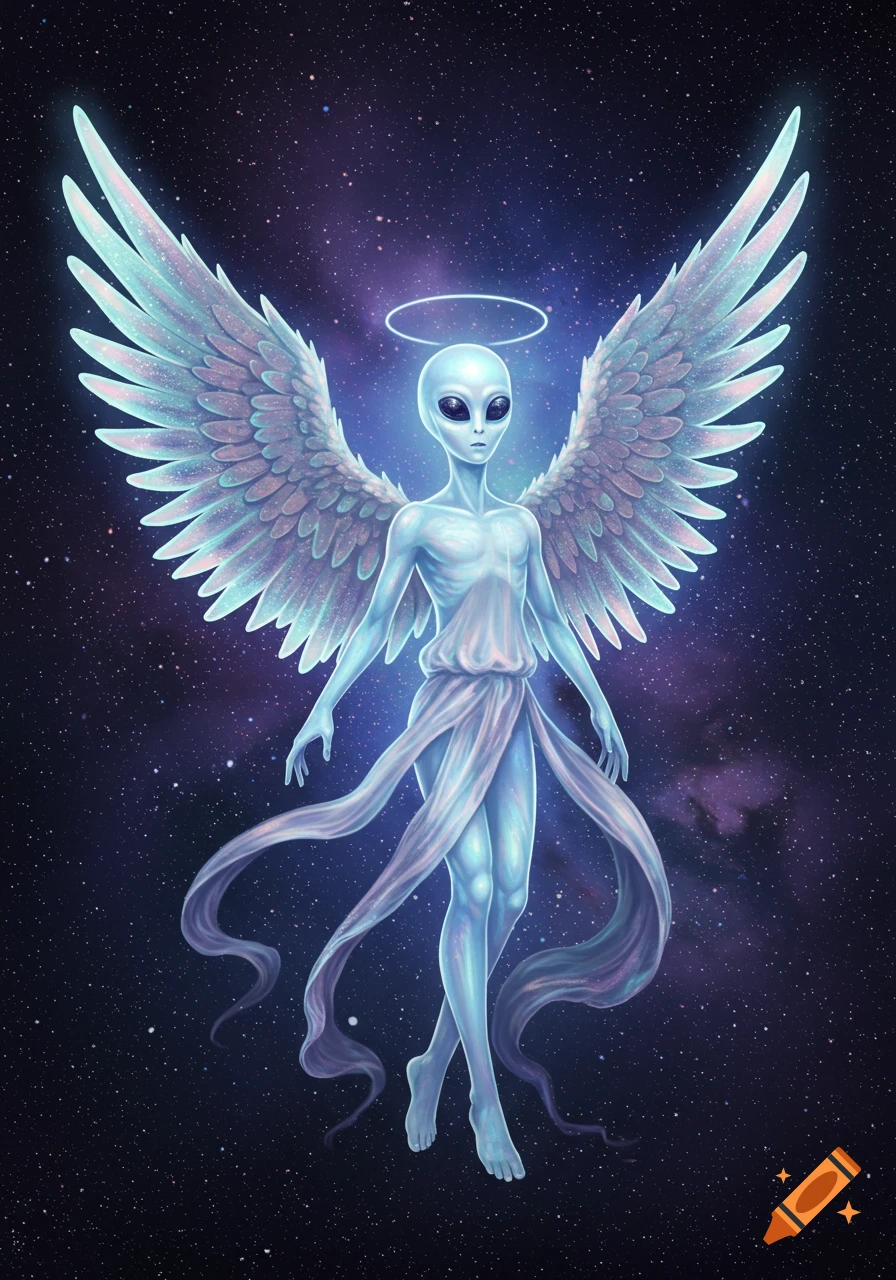 A light blue alien with large glowing wings and a halo floats in a starry cosmic background.