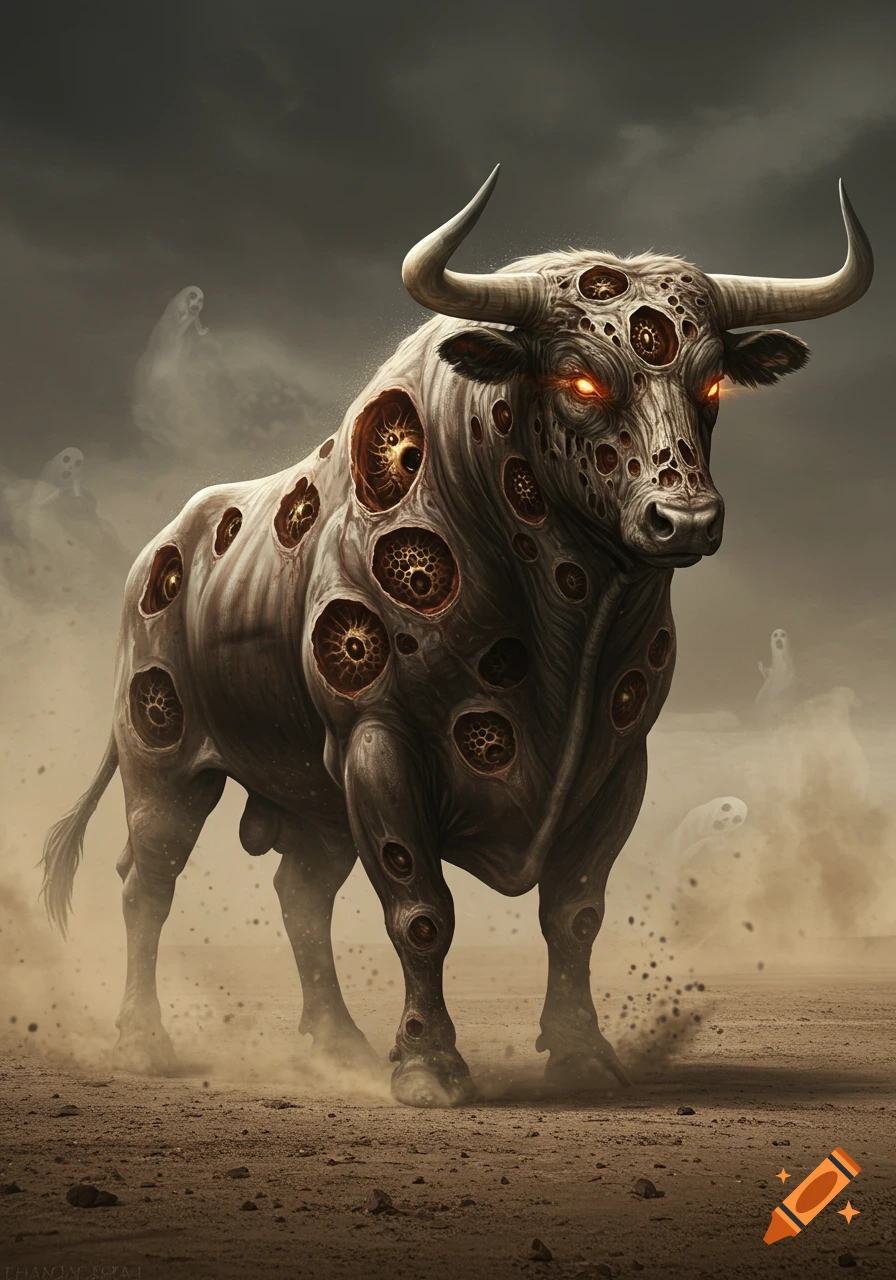 A large, pale bull with glowing red eyes stands on a dusty plain, its body covered in dark, hive-like holes. Ghostly figures drift in the background.
