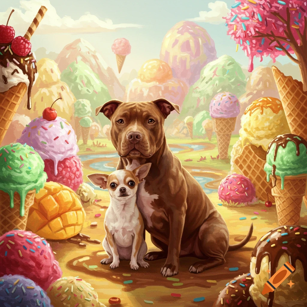 A brown pitbull and a chihuahua sit together in a vibrant, whimsical ice cream world with giant cones and melting desserts.