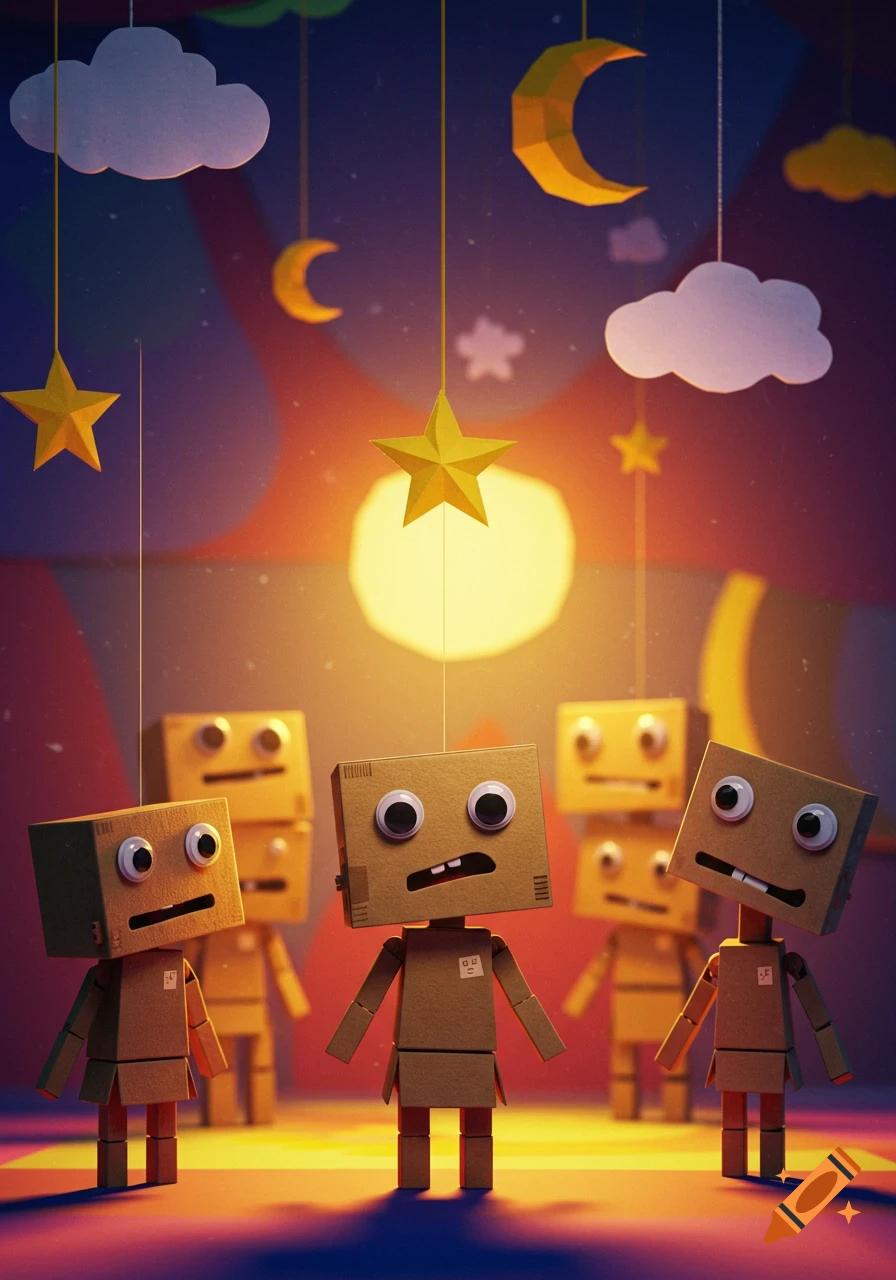 Whimsical papercraft image of cardboard puppets with googly eyes standing under hanging stars, moons, and clouds.