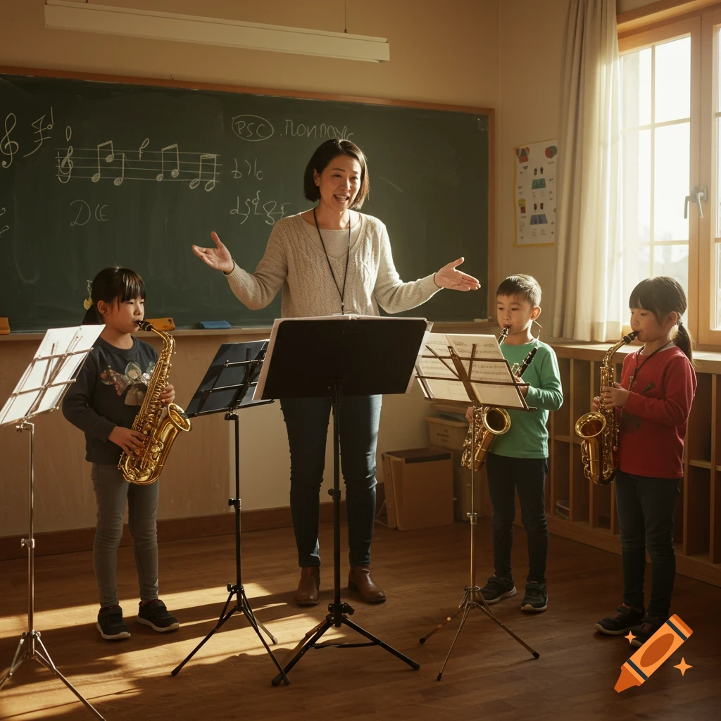 A band teacher in a classroom guides three young students playing saxophones and a clarinet during a music lesson. Musical notes are on the blackboard.